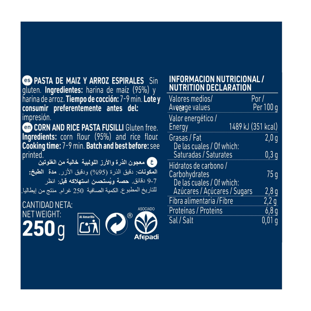 PASTA DE MAÍZ ESPIRALES SIN GLUTEN 250G