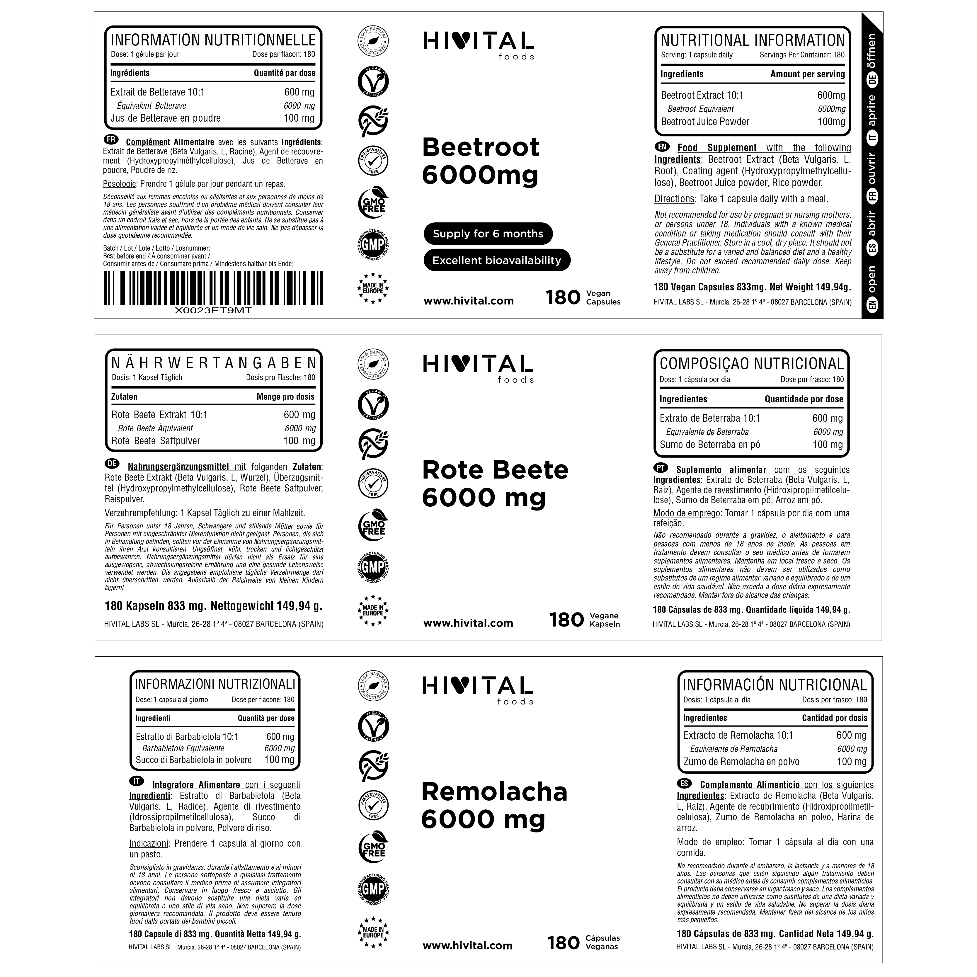 REMOLACHA 6000MG HIVITAL 180 CÁPSULAS