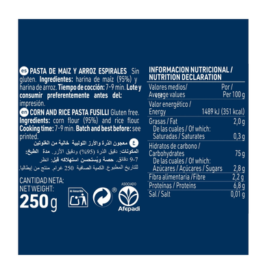 PASTA DE MAÍZ ESPIRALES SIN GLUTEN 250G